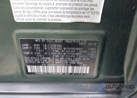 2010 Subaru Outback 3.6R Premium z USA, uszkodzony, nr VIN 4S4BRDGC2A2373516